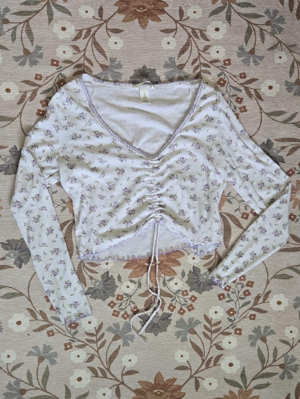 H And M Purple Floral Cropped Cinched Long Sleeve Size Large